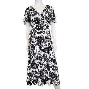 Lauren Ralph Lauren Black White Floral Wrap Midi Dress Size 10